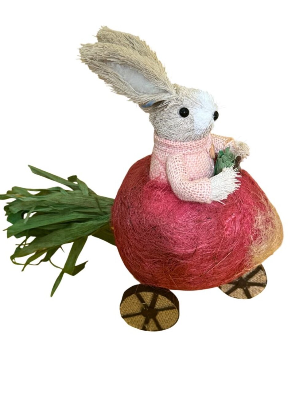 Vintage Handmade Sisal Bunny Riding Radish Cart Easter Spring Decor Glass Eyes - Picture 3 of 7